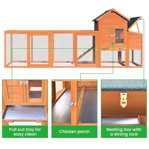 122" Large Chicken Coop Wooden Backyard Hen House - Indoor Outdoor Poultry Pet Hutch Garden Backyard Cage 2 Story Poultry Cage with Run, Chicken Nesting Box, Pull Out Trays and Anti-Slip Asphalt Ramp - color: Natural