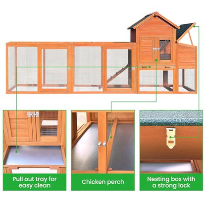 122" Large Chicken Coop Wooden Backyard Hen House - Indoor Outdoor Poultry Pet Hutch Garden Backyard Cage 2 Story Poultry Cage with Run, Chicken Nesting Box, Pull Out Trays and Anti-Slip Asphalt Ramp - color: Natural