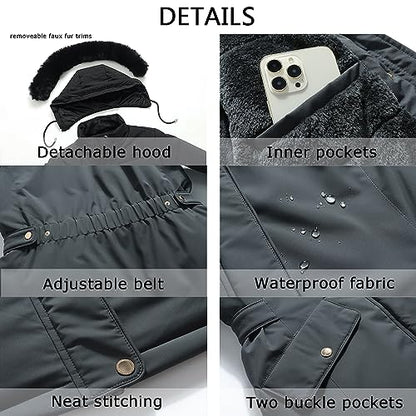 MOERDENG Women's Long Winter Down Coat Thicken Fleece Lined Parka Warm Puffer Jacket With Faux Fur Detachable Hood - color: Darkgrey, size: Small