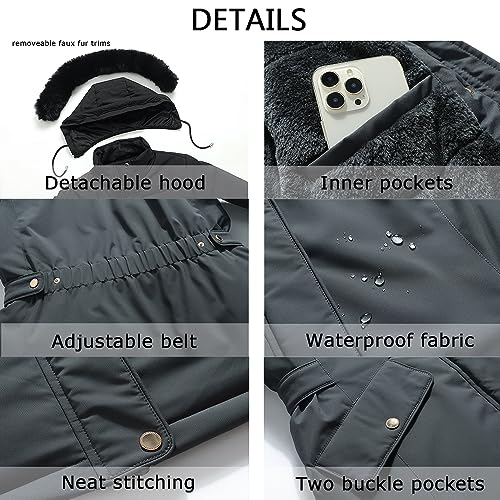 MOERDENG Women's Long Winter Down Coat Thicken Fleece Lined Parka Warm Puffer Jacket With Faux Fur Detachable Hood - color: Darkgrey, size: Large