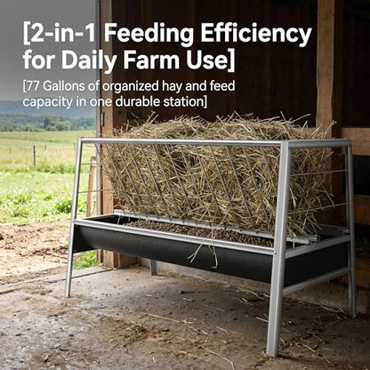 77 Gallon Heavy Duty Hay Feeder, Stainless Steel Anti-Waste Rubber Trough Feeder, Durable Livestock Feeding Equipment for Goats, Sheep, Calves, Horses Farm & Ranch Use