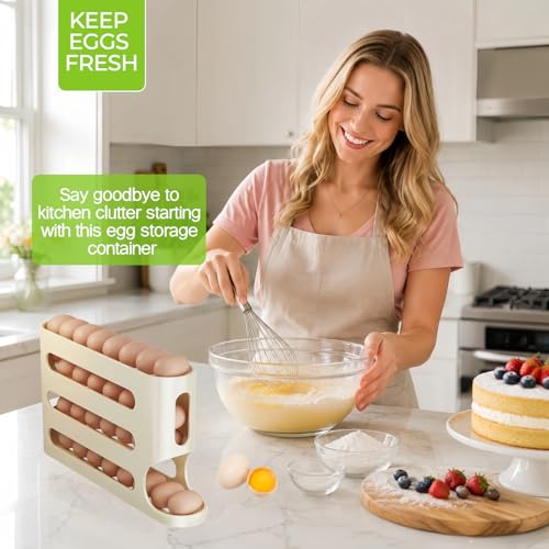 Egg Holder for Fridge, Egg container for refrigerator, Space-Saving Automatic Rolling Eggs Dispenser, 4 Tiers Fridge Egg Rack for Refrigerator Holds up to 30 pcs