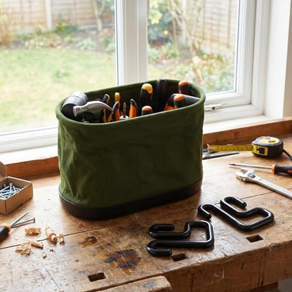 Vesici 1 Set Military Green Canvas Bucket Bag Including Hooks Aerial Oval Lineman Tool Bucket with Black Polypropylene Bottom 15 Pockets Tool Organizer for Industrial Maintenance Construction Sites - color: Military Green