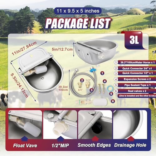 NYXOVA Automatic Drinking Water Bowl, 304 Stainless Steel Waterer with Float Valves, 39.3" Pipe Hose (1/2" Ends), 1/2" Female & 3/4" Male Connectors, Auto Water Trough for Dog Horse Goat Pig Cow