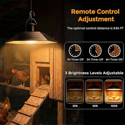 4800mAh Solar Chicken Coop Light with Timer, 3/5/8H Remote, Chicken Coop Accessories, Dual Lamps 58 LED, 3 Brightness Levels, 19.6ft Cords, IP54 Waterproof Light for Sheds Barns Farm Stables