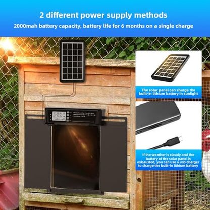 Automatic Chicken Coop Door Solar Powered Aluminum Alloy Light Sensor Timer Remote Control Auto Opener for Poultry Farm Backyard