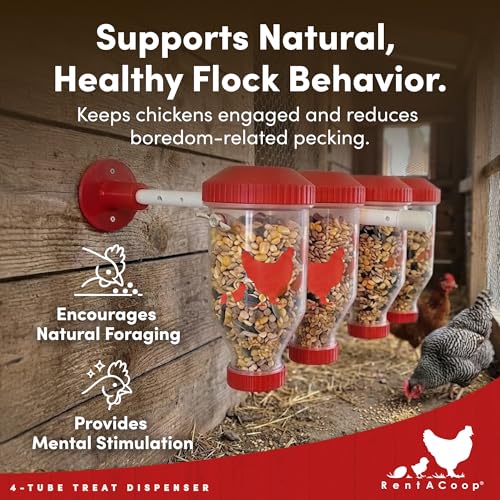 RentACoop Chicken Treat 4 Tube Dispenser – Multi-Treat Enrichment Toy and Boredom Buster for Chickens, Easy Top-Fill, Height Adjustable, Chicken Coop Accessory – Install Indoor or Outdoor - size: Large Clear Tubes