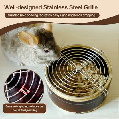 Ceramic Chinchilla Litter Box Corner Litter Box for Small Pets Round Potty Trainer Corner Litter with Stainless Steel Grids Chew-Resistant，Anti-Slip Pet Pan for Chinchillas, Small Animals