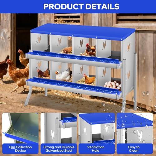Garvee Chicken Nesting Box, 8 Compartments Nesting Box for Chickens, Galvanized Steel Chicken Laying Box for Easy Egg Collection, Wall Mounting - color: Blue | 8 Compartments+legs
