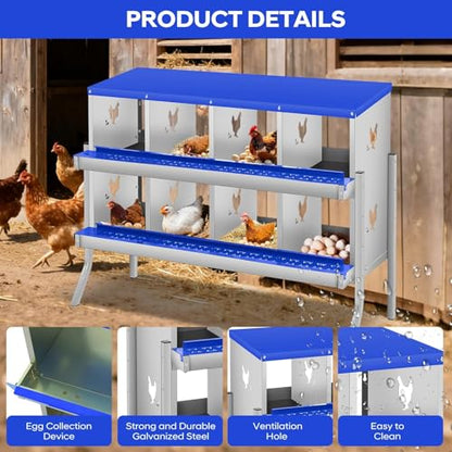 Garvee Chicken Nesting Box, 8 Compartments Nesting Box for Chickens, Galvanized Steel Chicken Laying Box for Easy Egg Collection, Wall Mounting - color: Blue | 8 Compartments+legs