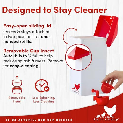 RentACoop 32oz (1 Liter) Automatic Drinker - BPA-Free Chick Waterer with Auto-Fill Cup and Horizonal Nipple - Suitable for Chicks, Quail, Pigeons, Doves, and Other Smaller Birds