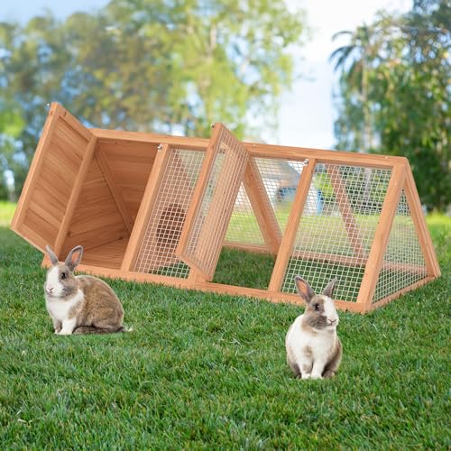Rabbit Hutch, Small Chicken Coop Outdoor A-Frame Quail Cage with 2 Door & Run Cage Wooden Triangle Quail Hutch with Ventilating Wire Poultry Hutch for Small Animal (Wood) - color: Wood