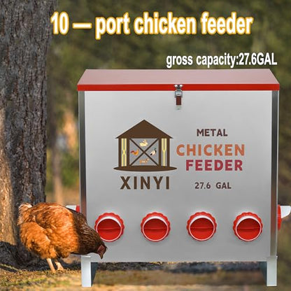 XINYI Automatic Metal Chicken Feeder, 27.6 Gallon Large Capacity with 10 No Waste Ports, Gravity Feeder with Locking Lid & Riveted Handles, Rodent Proof and Weatherproof for Your Chicken Coop - size: 10 ports