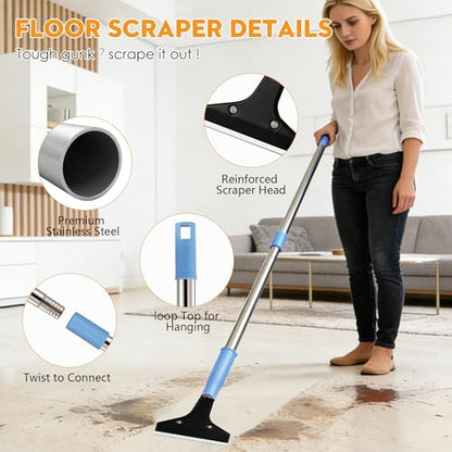 Heavy-Duty Floor Scraper with Long Handle (37''-51.5''), 4-Inch Metal Scraper Cleaning Tool, Comes with 10 Blades, Suitable for Cleaning Walls, Glass, Adhesives, Chewing Gum, and Ceilings - size: 51.5in