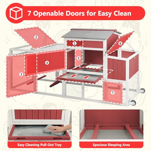 78" Wooden Chicken Coop with Nesting Box, Poultry Cage with Wheel Leak Proof Pull-on Tray and Asphalt Waterproof Roof, Hen House for Garden Backyard Farm - color: Red, size: 25.6"L x 39.4"W x 77.4"H