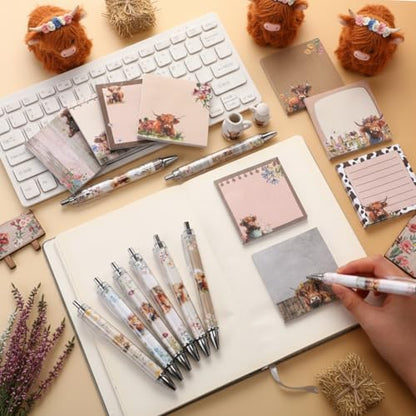 18 Pcs Highland Cow Desk Accessories, 9 Pads Cute Sticky Notes, 9 Kawaii Pens, 3 x 3 Inches Notepads Memo Pad for Office Supplies Meeting Students School Decor Teacher Gifts - style: Highland Cow
