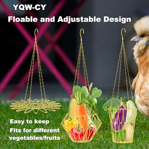 Hanging Chicken Feeder with Shepherd's Hook, Foldable Chicken Vegetable Feeder, Golden Poultry Fruits Feeding Holder Basket with Hanging Chain for Chicken Coop Accessory - color: Hanging Chicken Feeder with Hook