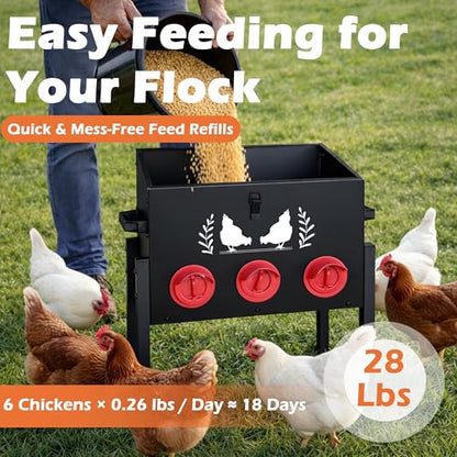 30 LB Large Automatic Chicken Feeder, No Waste Metal Poultry Feeder with 8 Ports, Weatherproof Outdoor Dispenser with Adjustable Legs & Locking Lid for Backyard Chickens, Black