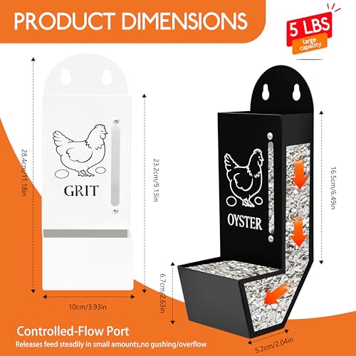 2Pack Chicken Grit and Oyster Shell Feeder, Poultry Feeder with Visual Window, No-Mess Weatherproof, Metal Hanging Gravity Chicken Feeder, Chicken Coop Accessories (Combo-Black/White) - color: Combo-Black/White