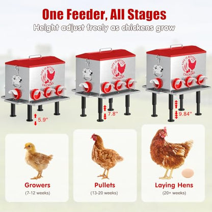 Pawaboo 55LBS Large Capacity Automatic Chicken Feeder - 2026 Upgraded No Waste Poultry Feeder, 7 Feeding Ports, Viewable Feed Level Window, Height-Adjustable Legs + Wobble-Free Stability - color: Red + Silver