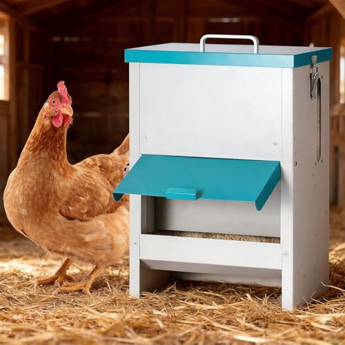 10L Automatic Chicken Feeder Metal No Waste Poultry Feeder Gravity Fed Self Feeding Large Chicken Food Dispenser with Lockable Lid and Rain Cover
