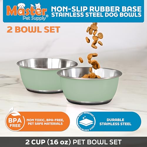 Master Pet Supply Stainless Steel Dog Bowls Set of 2 (16 Oz Each) with Non-Slip Rubber Base - Pistachio - Basic Dog Food Bowl Water & Food Bowls for Small Medium Large Dogs & Cats, Metal Dish - color: Pistachio, size: 2 Cups (16 oz) 2 Pack