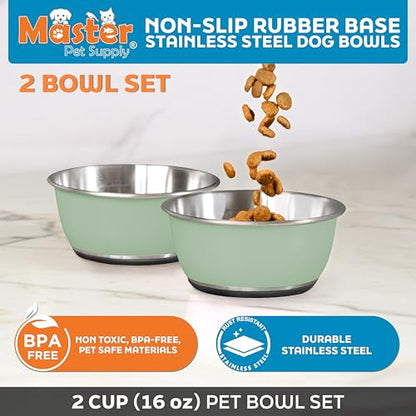Master Pet Supply Stainless Steel Dog Bowls Set of 2 (16 Oz Each) with Non-Slip Rubber Base - Pistachio - Basic Dog Food Bowl Water & Food Bowls for Small Medium Large Dogs & Cats, Metal Dish - color: Pistachio, size: 2 Cups (16 oz) 2 Pack