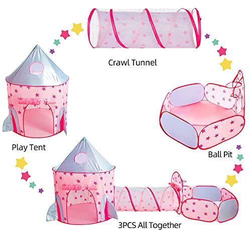 Piggy Poo and Crew Rocket Pop Up Tunnel and Tent Includes 50 Ball Pit Balls for Dogs Pigs Rabbits Cats Small Animals - color: Pink