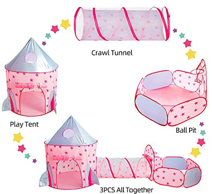 Piggy Poo and Crew Rocket Pop Up Tunnel and Tent Includes 50 Ball Pit Balls for Dogs Pigs Rabbits Cats Small Animals - color: Pink