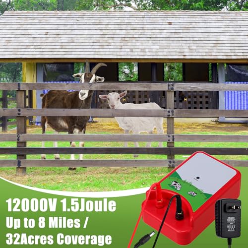MorningRo 8 Mile Electric Fence 12000V 1.5Joule Electric Fence Charger Kit with Copper Ground Rod Insulator Socket Tool Aluminum Wire for Containing Dog Livestock