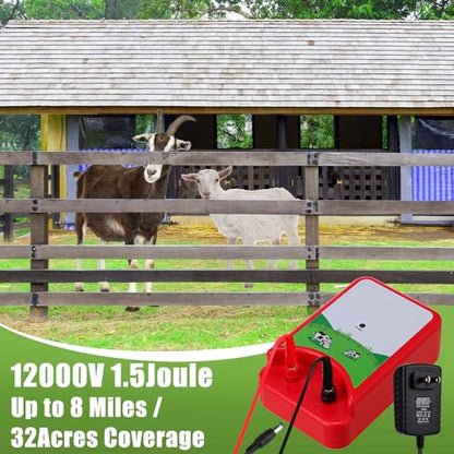 MorningRo 8 Mile Electric Fence 12000V 1.5Joule Electric Fence Charger Kit with Copper Ground Rod Insulator Socket Tool Aluminum Wire for Containing Dog Livestock