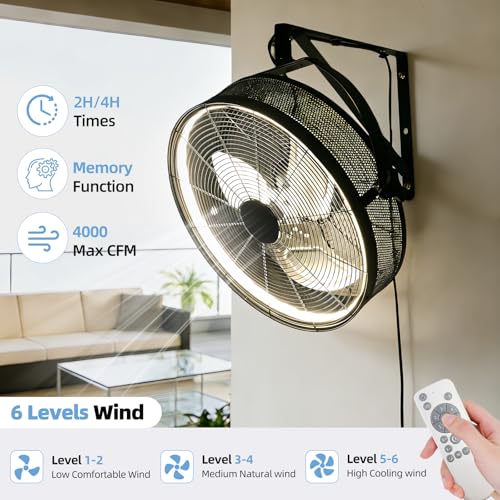 AHAWILL 20" Wall Mounted Fan with Lights, 360° Adjustable Tilt,Garage Wall Mount Fan with Remote&APP, Plug in Wall Fan,6-Speed&Reversible Gazebo Fan,3CCT Dimmable&Timer for Toolroom,Patio,Warehouse