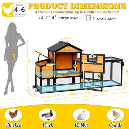 Portable Chicken Coop with Wheels Poultry Cage, Wooden Chicken Coop for 4-6 Chickens, Nesting Box, Pull-Out Tray, Ventilated Windows, Asphalt Weatherproof Roof, 81.5" Lx25.6 Wx44.1 H, Yellow - color: Yellow