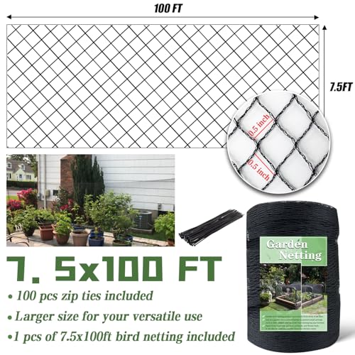 Bird Netting，7.5 x 100 FT Garden Netting Bird Net for Chicken Coop, Poultry Netting Fence for Fruit Trees, Plants and Vegetables Against Birds, Deer, Squirrels and Other Animals - size: 7.5 x 100 FT