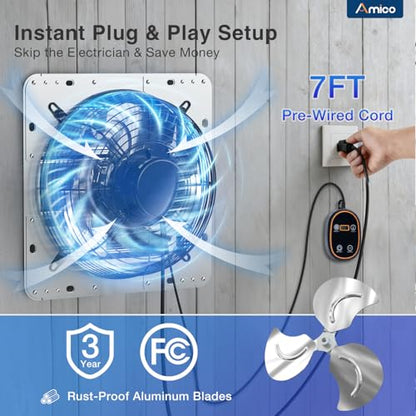 Amico 10" Smart Shutter Exhaust Fan with Thermostat & 8 Speed, 1073 CFM (Up to 1400 Sq.Ft),13W Ultra-Efficient DC Motor, Wall Mount Garage/Attic/Greenhouse/Kitchen Vent Fan, Plug & Play, FCC - size: 10 inch