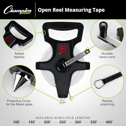 Champion Sports Open Reel Measuring Tapes – Durable Hand Crank with Metal Spike, Dual-Sided Feet & Meters, Perfect for Track & Field and Long Jump, 200 Feet/60 Meters - size: 60 m