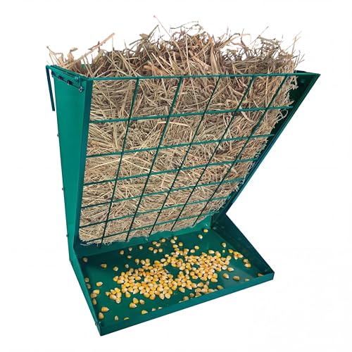 2 in 1 Wall Mount Hay Feeder for Goats, Heavy Duty Galvanized Steel Hay Rack with 18.5 Gallon Capacity & Grain Tray, Heavy-Duty Galvanized Steel Goat Feeders for Sheep, Horses, Cattle – Indoor/Outdoor - color: Green