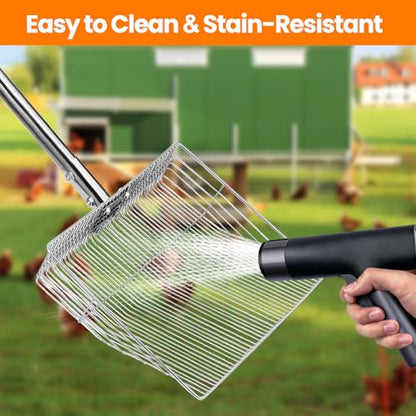 12 inch Chicken Poop Scooper, 4 in 1 Adjustable Chicken Coop Pooper Shovel (24 to 68"), Stainless Steel Sifting Litter Shovel Scoop for Chicken Coop/Goat Stall/Stable Cleaning