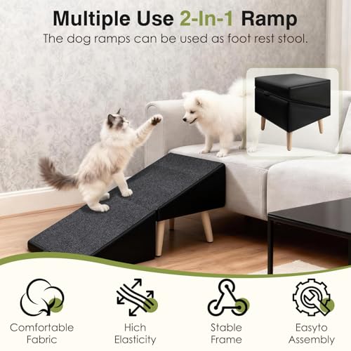 Split Ottoman Dogs Ramp, Dog Ramp for Couch and Bed, Dog Stairs for Small Dogs and Cats, 2-in-1 Foldable Wooden Pet Stairs and Ottoman, Non-Slip Fabric Surface Ramp for Couch and Bed Black - color: Black