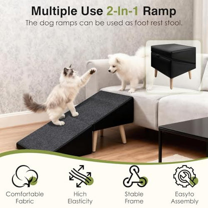 Split Ottoman Dogs Ramp, Dog Ramp for Couch and Bed, Dog Stairs for Small Dogs and Cats, 2-in-1 Foldable Wooden Pet Stairs and Ottoman, Non-Slip Fabric Surface Ramp for Couch and Bed Black - color: Black