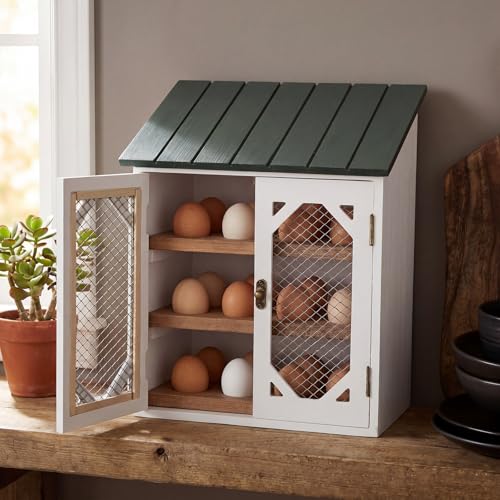 Xuhal Wooden Egg Holder Countertop Farmhouse House Shape Egg Storage Decor 3 Tier Cabin Pull out Storage Shelf Holding up to 24 Distressed Collecting Basket for Gathering Kitchen