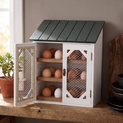 Xuhal Wooden Egg Holder Countertop Farmhouse House Shape Egg Storage Decor 3 Tier Cabin Pull out Storage Shelf Holding up to 24 Distressed Collecting Basket for Gathering Kitchen
