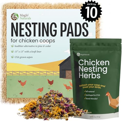 MagJo Aspen Nesting Pads for Chicken Coops - USA Grown Aspen Excelsior Nest Box Liners 13x13-10 Pack with 4 oz Nesting Herbs - size: 10 Pack with Nesting Herbs