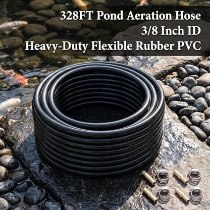 All-Weather 328ft Weighted Pond Tubing, 45 lbs Heavy Duty Self Sinking Pond Hose with 8 Clamps, Anti-Kink Flexible Pond Aerator Tubing for Aquaculture and Water Recirculation - size: 3/8" id - 328ft