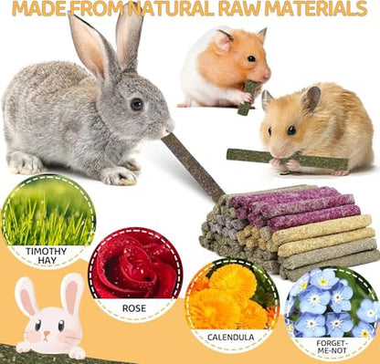 VESPRO 208Pcs Rabbit Chew Sticks, Guinea Pig Toys, Natural Timothy Grass Molar Teeth Stick, Mixing Flowers, Roses, Calendula and Forget Me Not, Small Animals Treats - size: 1 Count (Pack of 208)
