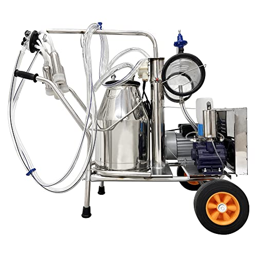 INTBUYING 110V Electric Vacuum Pump Cow Milking Machine Portable Milking Equipment for Cows & Goats with 25L/6.6Gal 304 Stainless Steel Bucket, 1440RPM, 10-12 Cows/Hour Capacity Milker for Farm Use