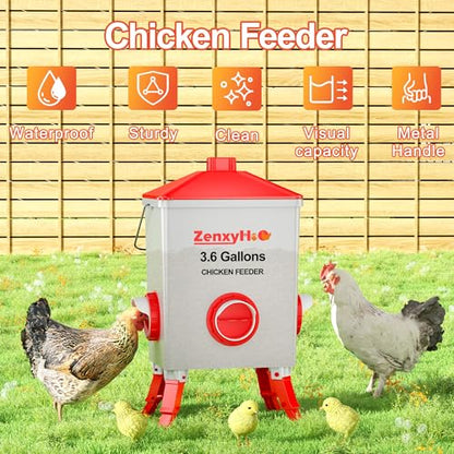 ZenxyHoC 3.6 Gal Chicken Feeder with Anti-Roost Cone, 3 Height Adjustable Locking Legs and 4 No-Waste Ports for Backyard Flock