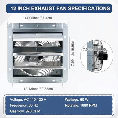 Criditpid 12 Inch Wall Mounted Shutter Exhaust Fan with ON/OFF Switch, High-Speed, Low-Noise Pure Copper Motor, Wall Exhaust Fan for Gable, Shed, Garage, Greenhouse, Kitchen, Attic, 970CFM, 1680RPM. - size: 12 Inch Exhaust Fan
