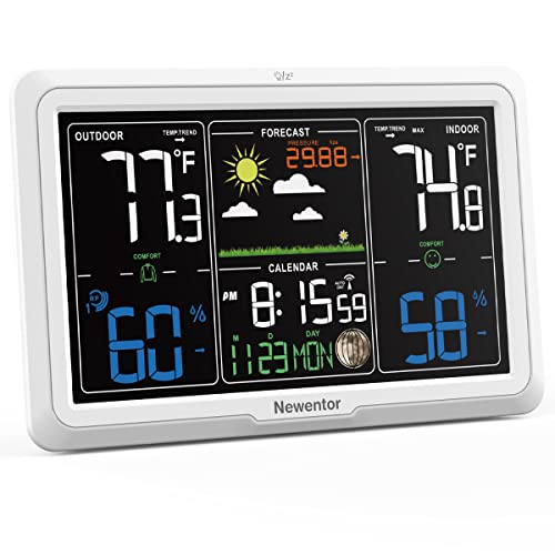 Newentor Weather Station Wireless Indoor Outdoor, 7.5in Display Atomic Clock, Inside Outside Thermometer and Hygrometer with Weather Alert, Barometer and Weather Forecast, Time and Calendar, White - color: White, size: with 1 Sensor
