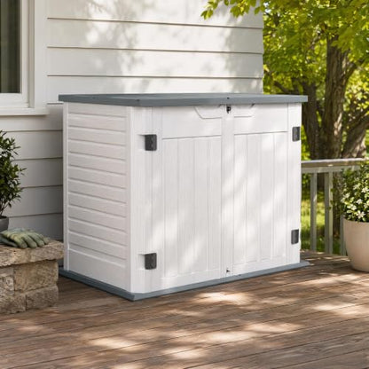 Amopatio Premium Resin Outdoor Storage Shed, 35 Cu Ft, White | Horizontal, Trash Can Storage, Weather Resistance, W/Lock, For Garbage Cans, Garden Tools, Lawn Mowers, Patio